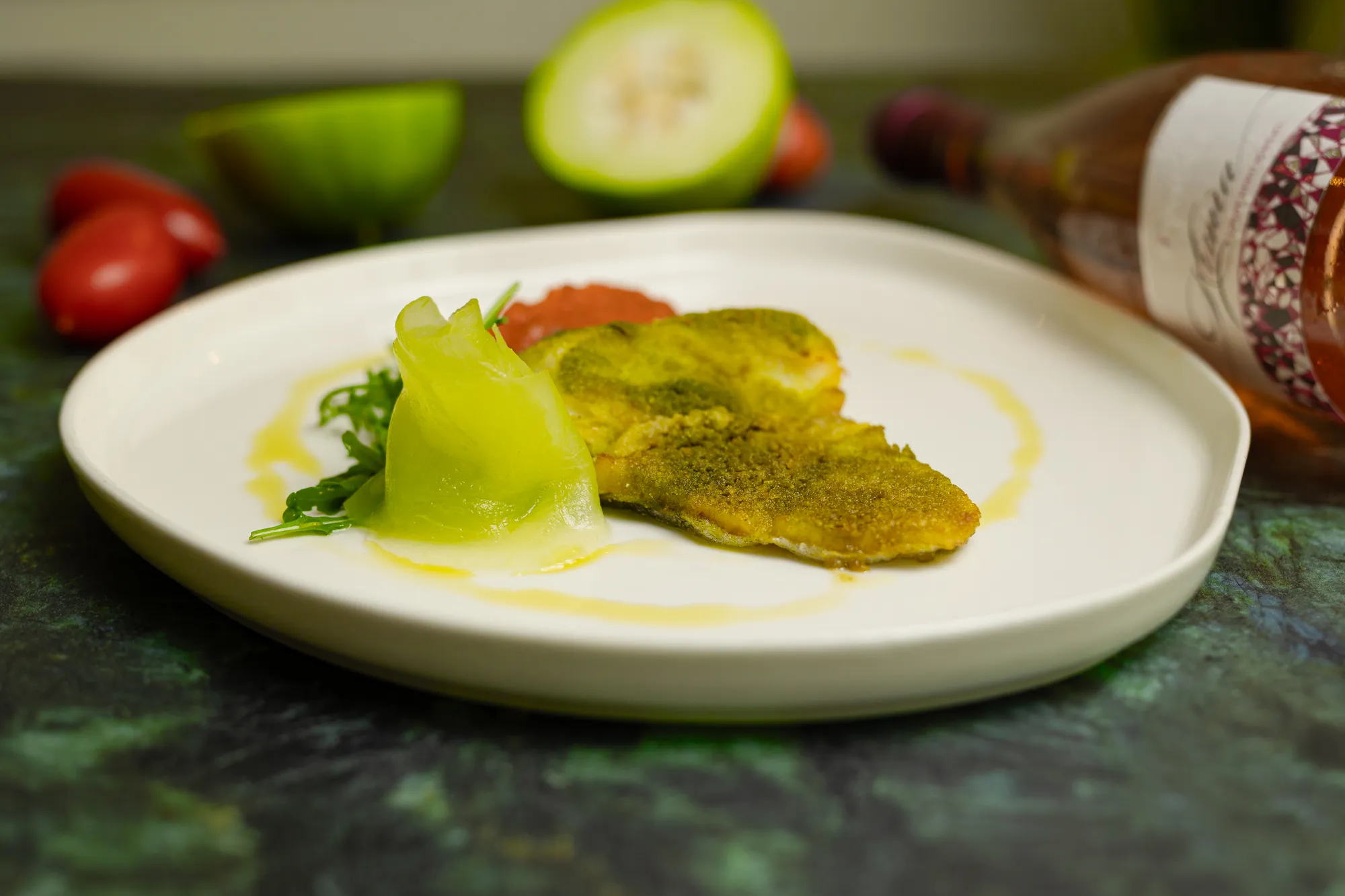 Trancio di Baccalà a Bassa Temperatura con Crema di Pomodoro e Crumble di Olive